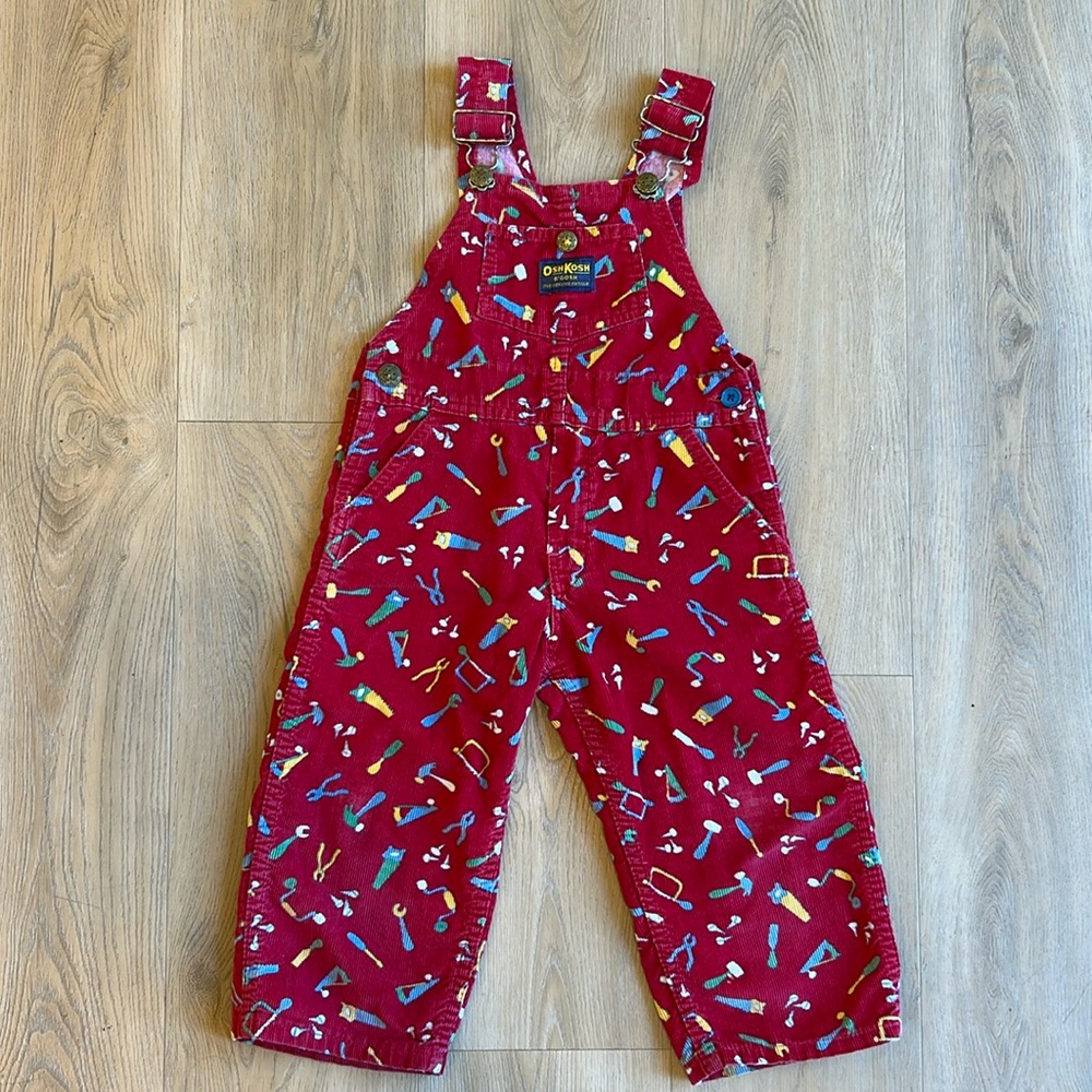 Vintage OshKosh B’gosh Red Corduroy Overalls with Tools Print (fits 3T)